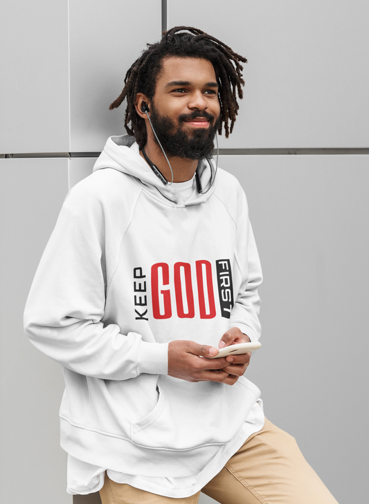 “Keep God First” – Men’s Eco Raglan Hoodie & Tee | Faith Collection