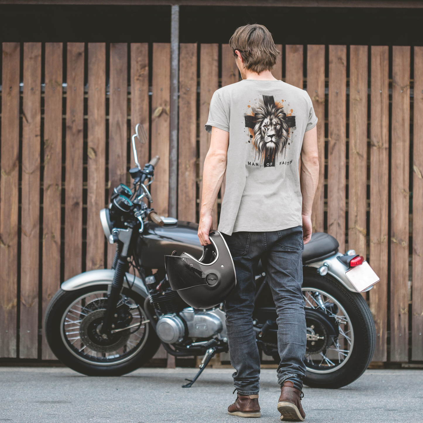 “Man of Faith” – Men’s Christian Tee (Back Print, Grey) | Faith Collection