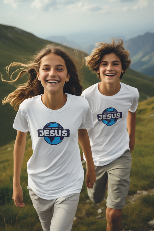 “Our World Needs Jesus” – Kids Faith Tee | Faith Collection