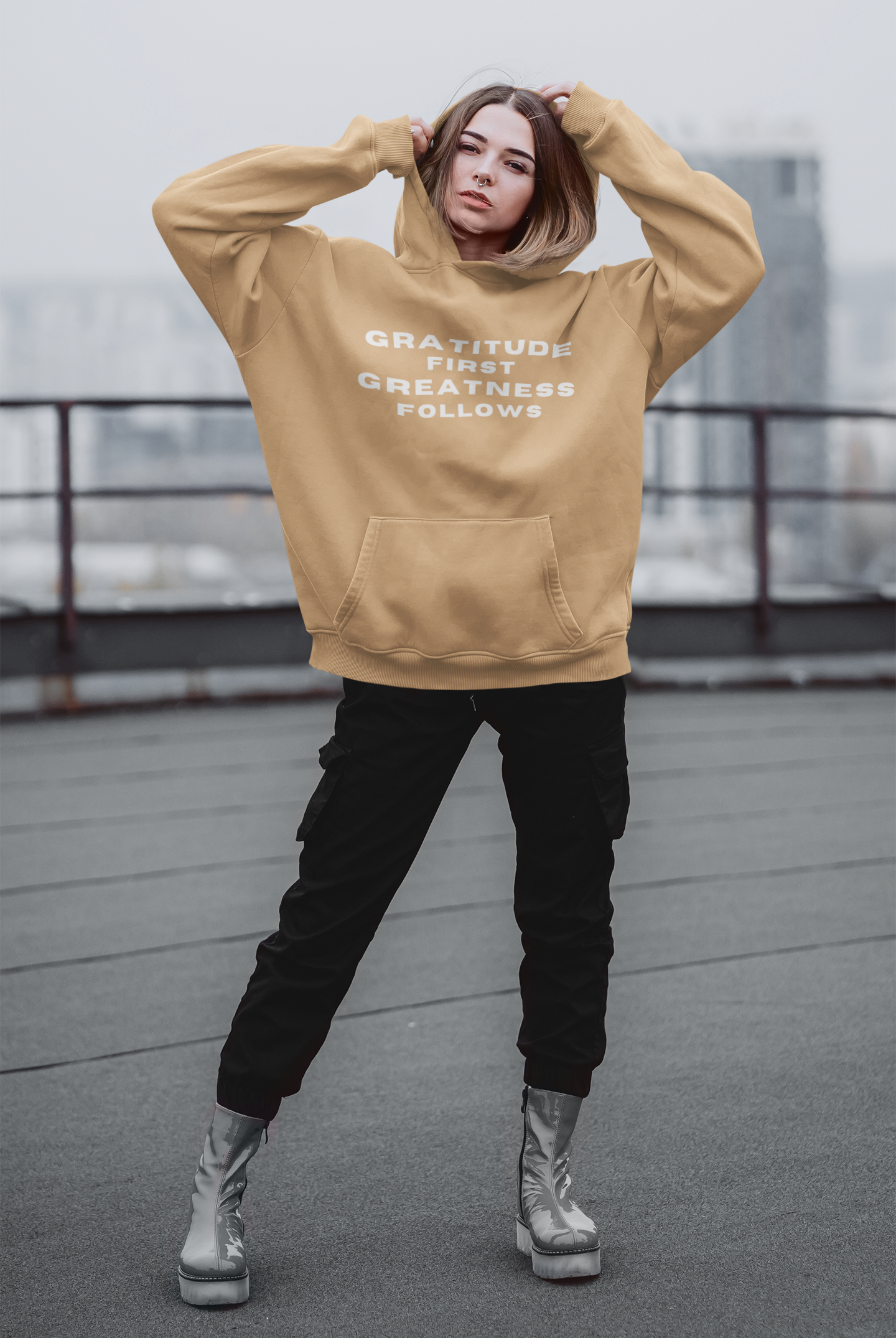 Gratitude First. Greatness Follows. – Urban Garment-Dyed Oversized Hoodie
