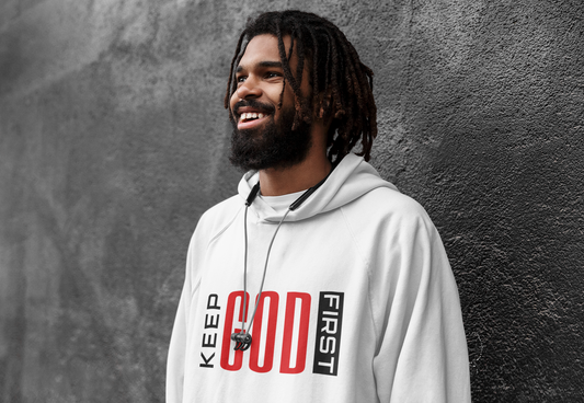 “Keep God First” – Men’s Eco Raglan Hoodie & Tee | Faith Collection