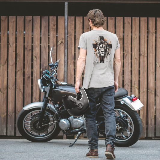 “Man of Faith” – Men’s Christian Tee (Back Print, Grey) | Faith Collection